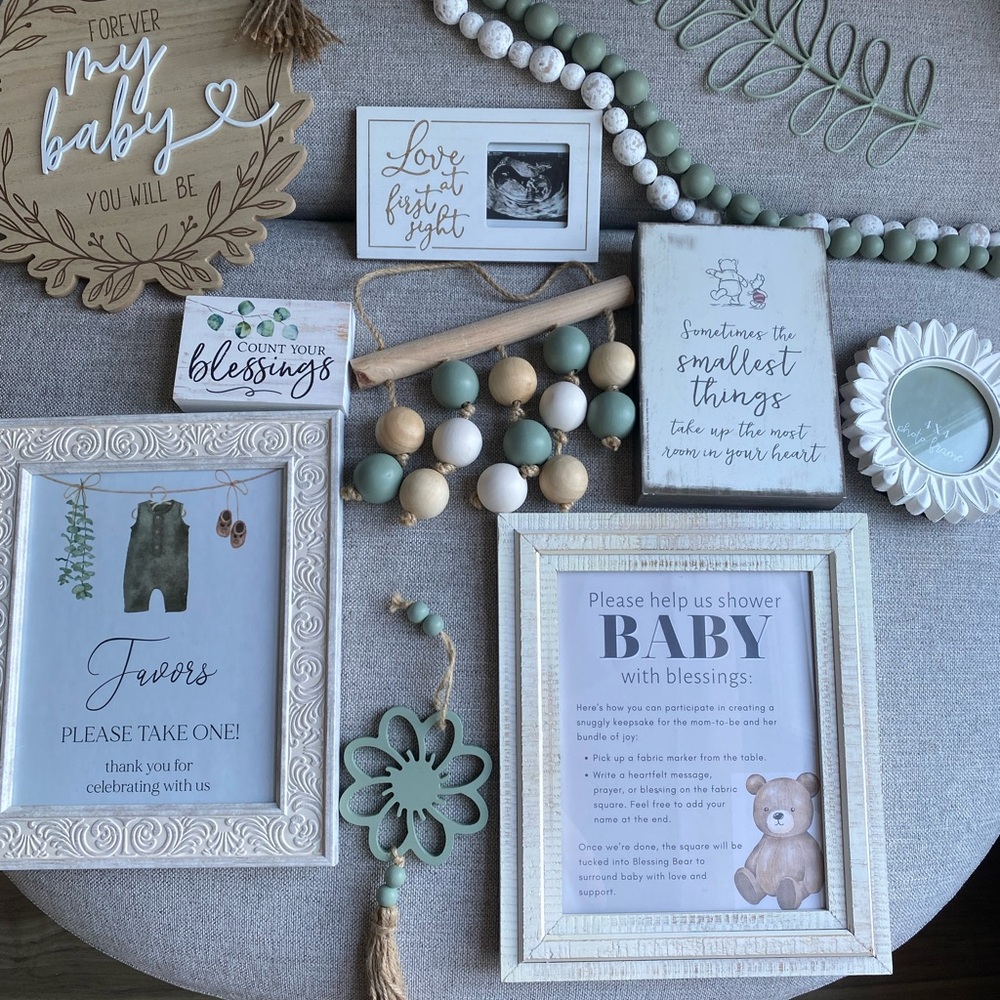 Decorative Baby Shower/Nursery Home Accent Set - Cream, Green, and Blue